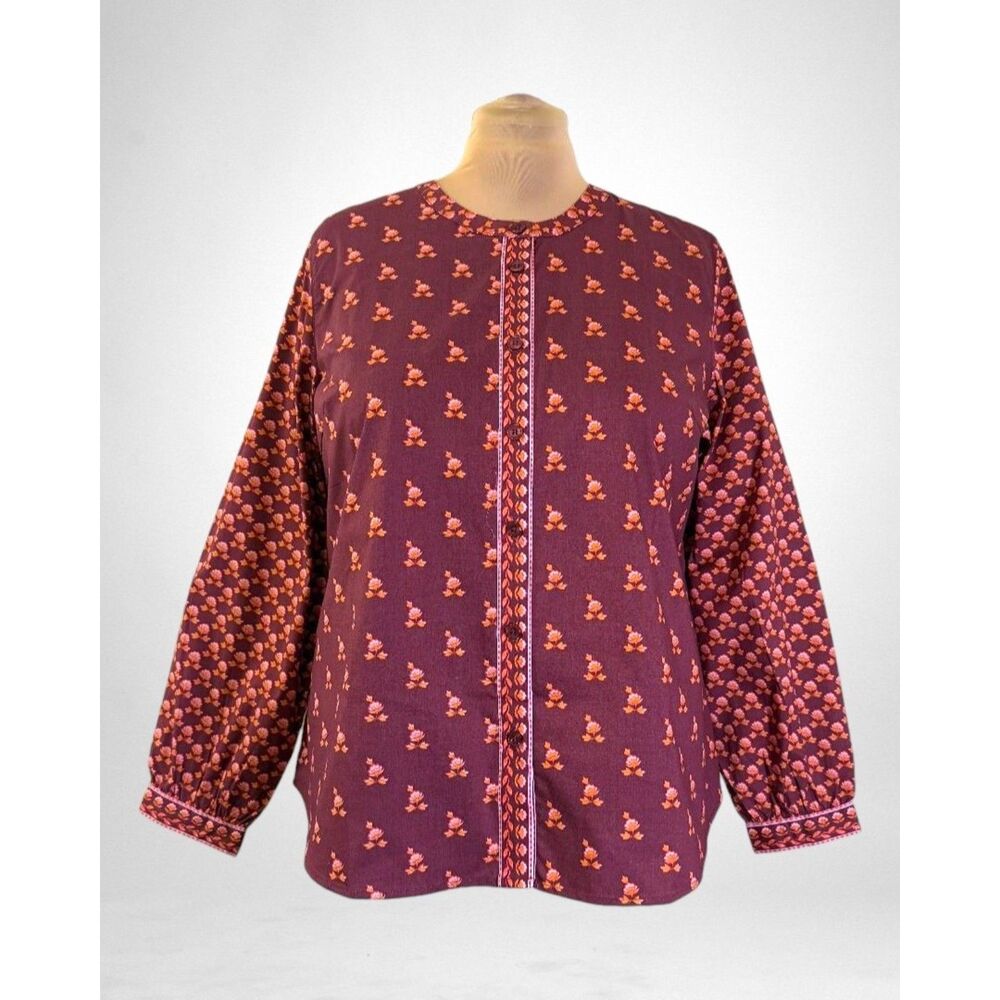 Belle by Kim Gravel Burgundy and Orange Floral Button Blouse, NWOT! Size XL
